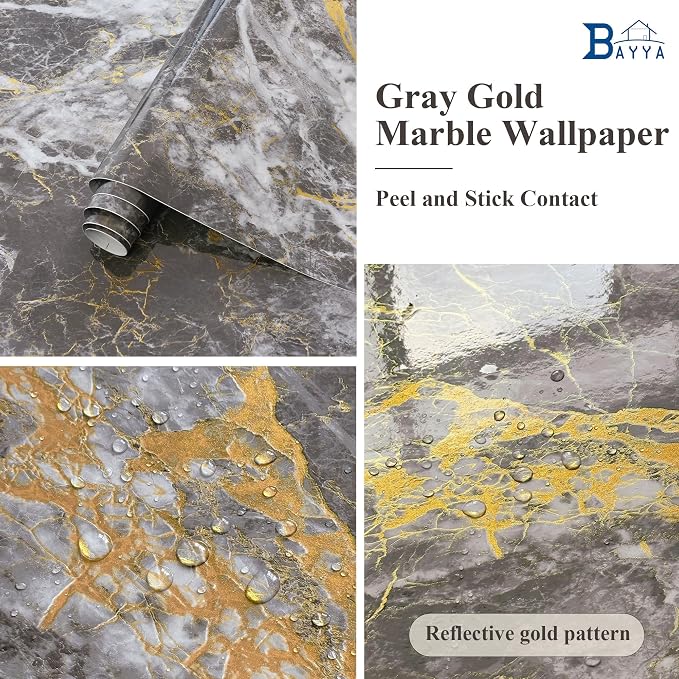BAYYA Dark Grey/Gold Marble Contact Paper - Image 6
