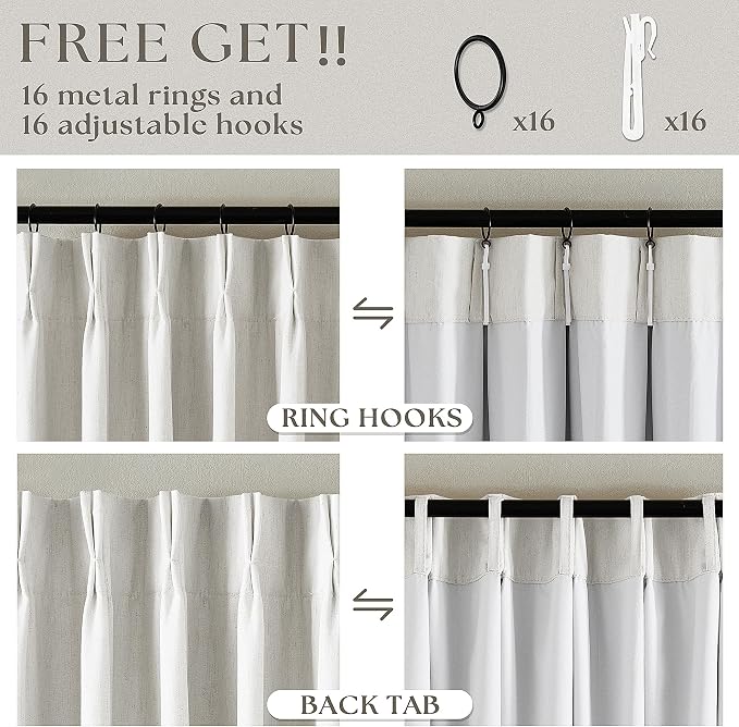 Pinch Pleat 100% Blackout Curtains 86 Inch Length 2 Panels Set | Beige White - Image 6