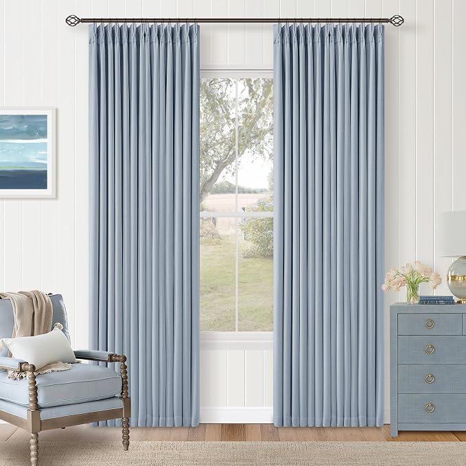 Pinch Pleated 100% Blackout Thick Linen Light Blue Curtains 84 Inches Long | by Twodrapes
