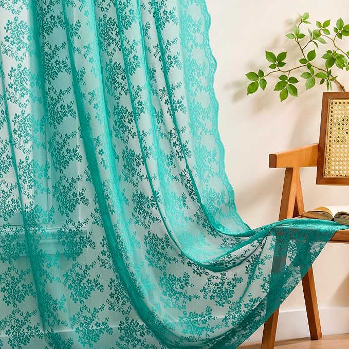 YJ YANJUN Vintage Lace Curtains 84 Inches Long-Victorian Floral Teal Sheer - Image 4