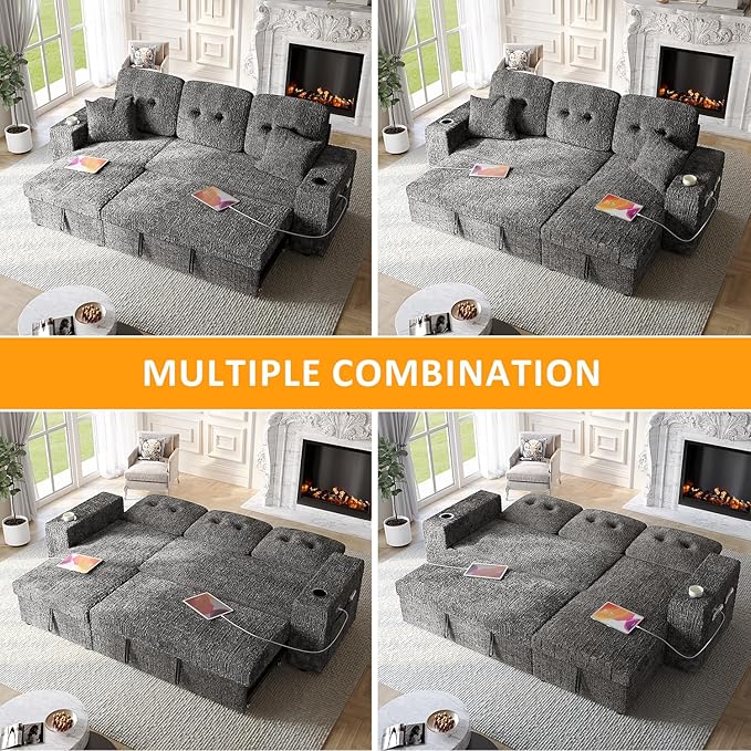 90 Inch Modular Sectional Sleeper Sofa Bed, 4 in 1 Pull Out Couch Bed - Image 7