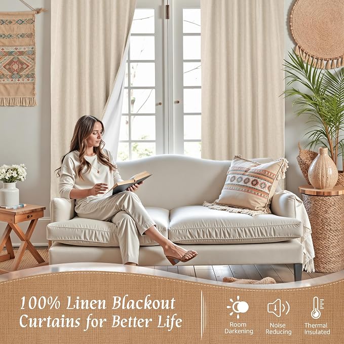 Natural 100% Blackout Polyester Curtains, 45 Inches Polyester Textured Thermal - Image 2
