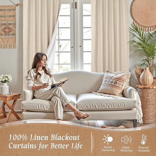 100% Blackout Linen Curtains 63 Inches 2 Panels - Image 2