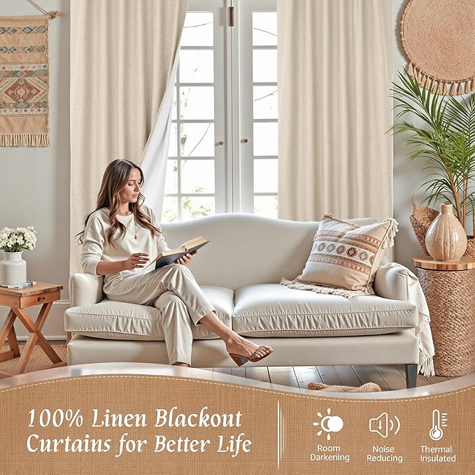 100% Blackout Natural Linen Bedroom Curtains 63 Inches 2 Panels | Thermal - Image 3