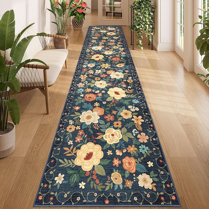 DUKINO 2.6x12 Kitchen Runner Rug, Floral Non Slip Washable Rug, Stain Resistant by DUKINO