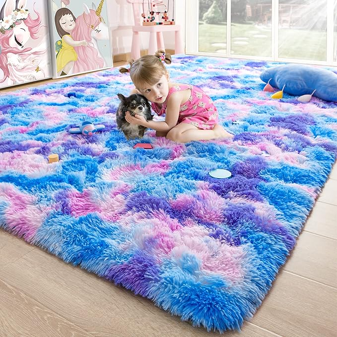 5x7 Tie-Dyed Blue Purple Pink Fluffy Area Rug Non-Slip by ModernHomeDecor