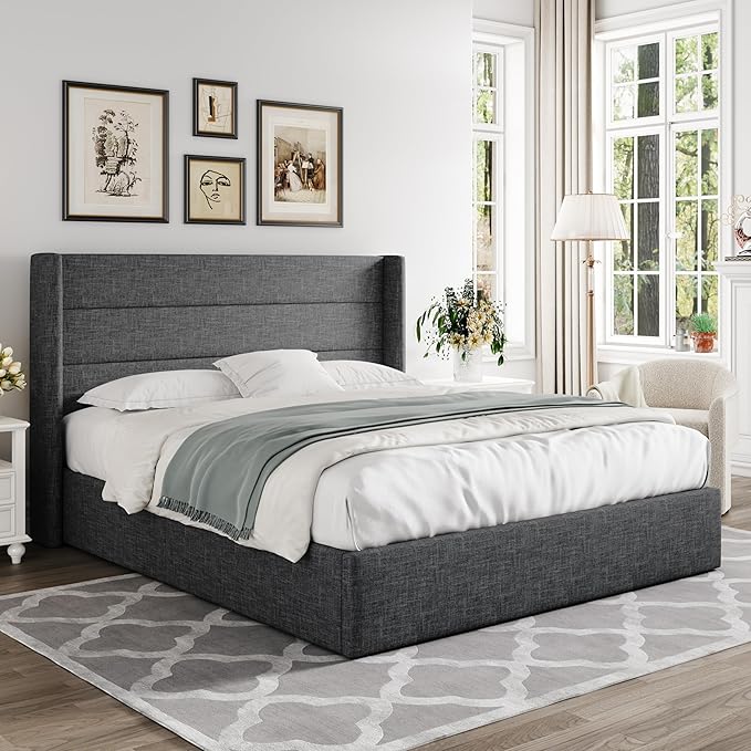 Allewie Full Size Lift Up Storage Bed, Modern Wingback Headboard, Hydraulic - Image 7