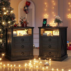 Nightstand Set 2 with Charging Station, Farmhouse End Side Table with 3 Drawers by TAGELIER