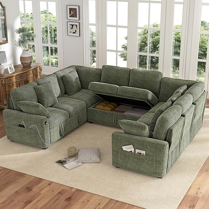 Hanherry Sectional Sofa with Pull Out Couch Bed, Corduroy Sleeper Sofa with 2 - Image 7