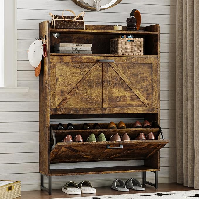 BORNOON Shoe Cabinet with 2 Flip Drawers Narrow Shoe Storage Cabinet Organizer by BORNOON