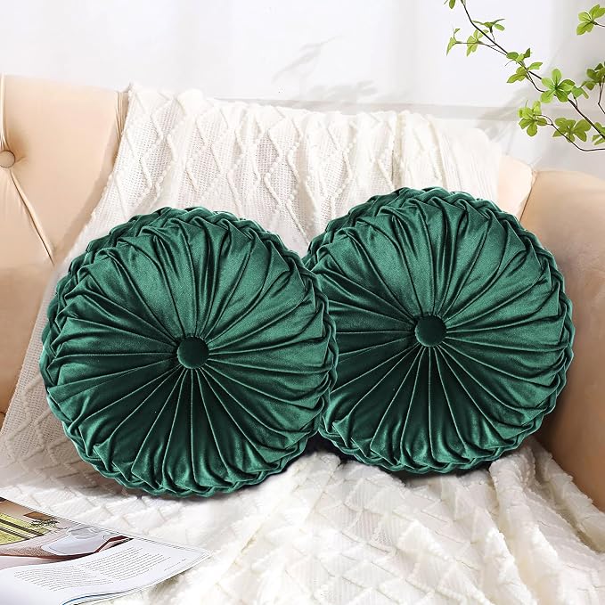 HIG Set of 2 Emerald Velvet Decorative Round Pleated Throw Pillows | Vintage by HIG