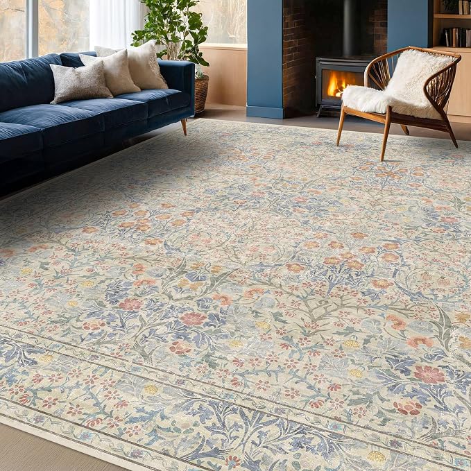 Washable Light Blue Non Slip Bedroom Rug, 8x12 Large Area Rug - Image 3