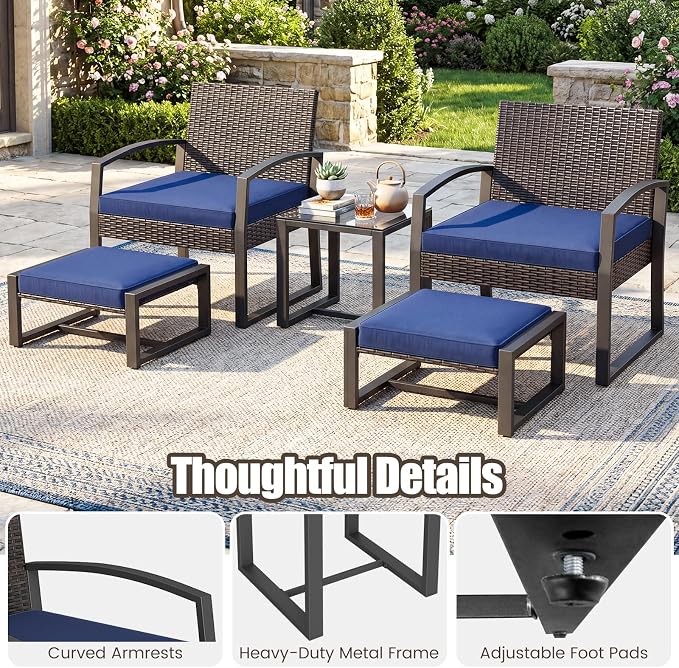 Tangkula 5 Pieces Wicker Patio Conversation Set, Outdoor PE Rattan Chair - Image 6