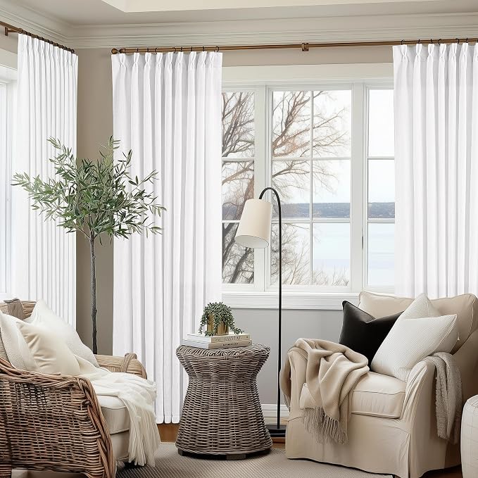 White Pinch Pleated Extra Wide Linen Curtains W60xL84 Inches Long | Linen Blend - Image 5