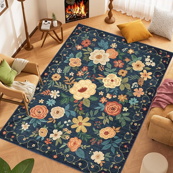 DUKINO 9x12 Area Rug for Living Room, Washable Rug Non Slip, Low Pile, Floral - Image 3