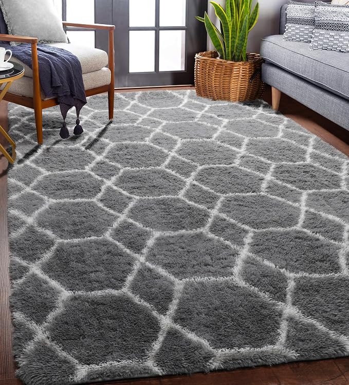 5x7 Area Rugs for Living Room Bedroom, Fluffy Grey and White Geometric Rug | - Image 5
