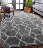 5x7 Area Rugs for Living Room Bedroom, Fluffy Grey and White Geometric Rug | - Image 5