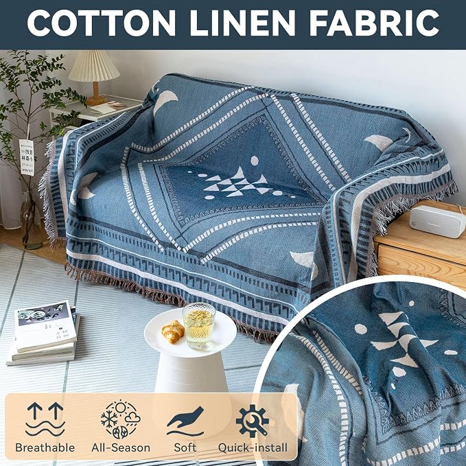 VClife Boho Sofa Couch Cover White Blue Plaid Stripe Couch Cover - Image 2