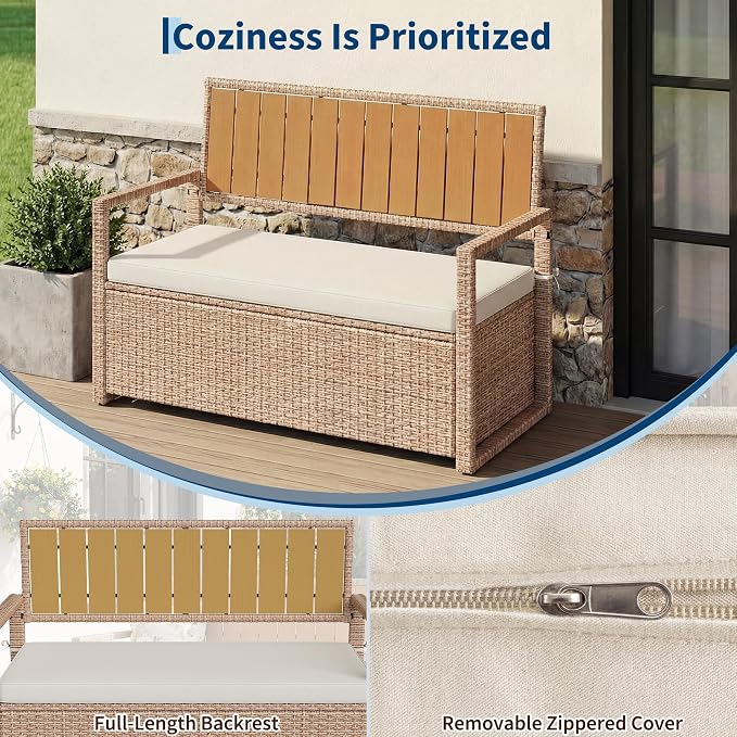 Outdoor Storage Bench with Cushion, Hand-Woven Yellow Wicker Deck Box with - Image 5