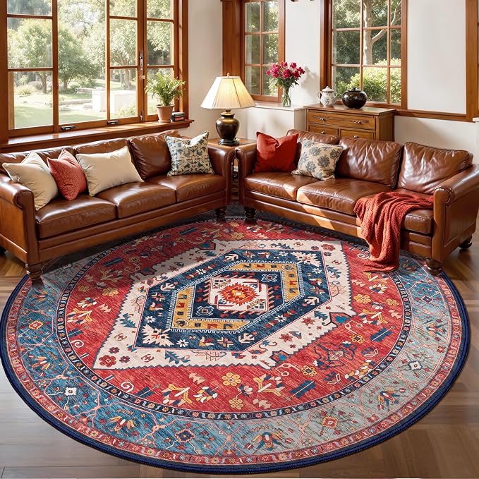 SERISSA 8ft Washable Non Slip Round Boho Area Rug by SERISSAHomeDecorCollection