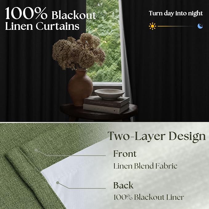 96 Inch Olive Green Linen Pinch Pleated Blackout Curtains - Image 2