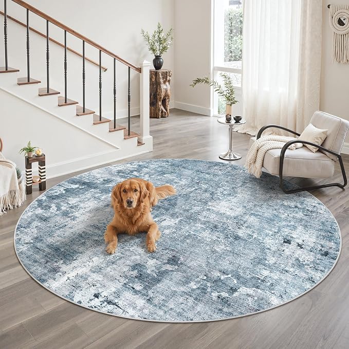 Soalmost Round Rugs 9ft Living Room Circle Area Rug 9x9 Blue/Grey Vintage | - Image 2