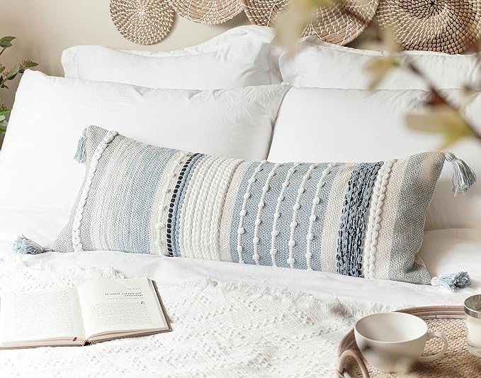 Coastal Blue Decorative Lumbar Pillow Cover 14x36 Boho Long Body Pillow - Image 4