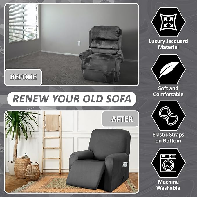ULTICOR 4-Piece, 1 Seat Recliner Cover, Yarn Dyed Reclining Chair Covers - Image 4