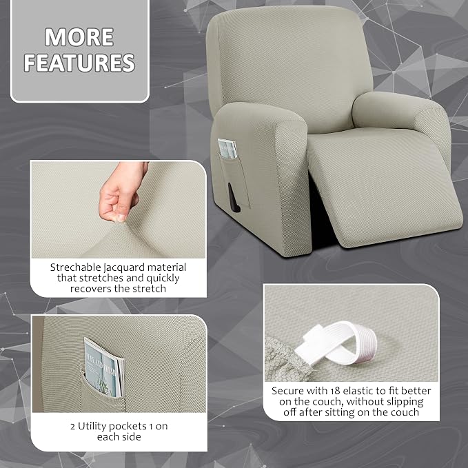ULTICOR 4-Piece, 1 Seat Recliner Cover, Yarn Dyed Reclining Chair Covers - Image 3
