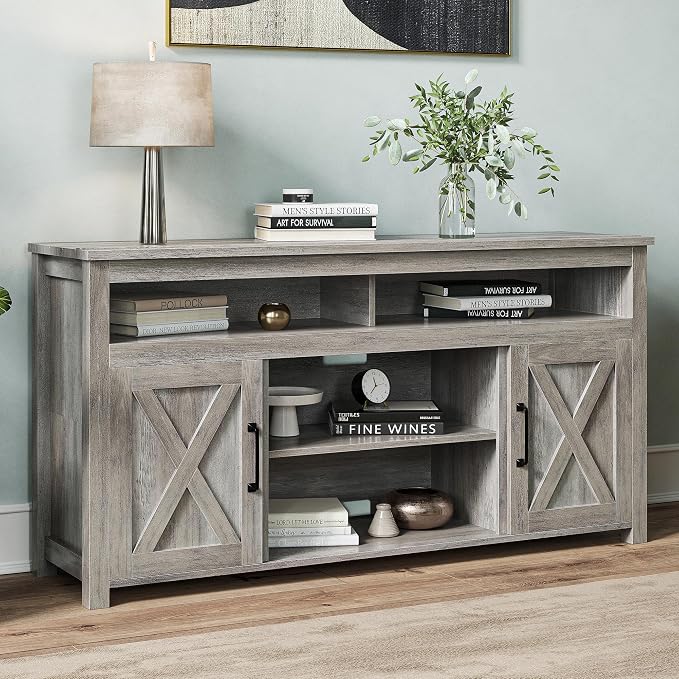 BELLEZE Modern 58 Inch Barn Door Wood TV Stand & Media Entertainment Center - Image 4