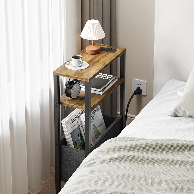 Narrow Side Table with Charging Station Slim End Table Sofa with Magazine Rack - Image 6