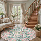 PLHXFR Round Area Rug Living Room: 8 ft Floral Washable Carpet Pink Green | - Image 5