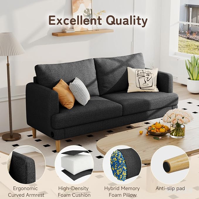 70" Modern Loveseat Sofa with USB Type-C Ports, Linen Fabric 2-Seater Deep Seat - Image 5