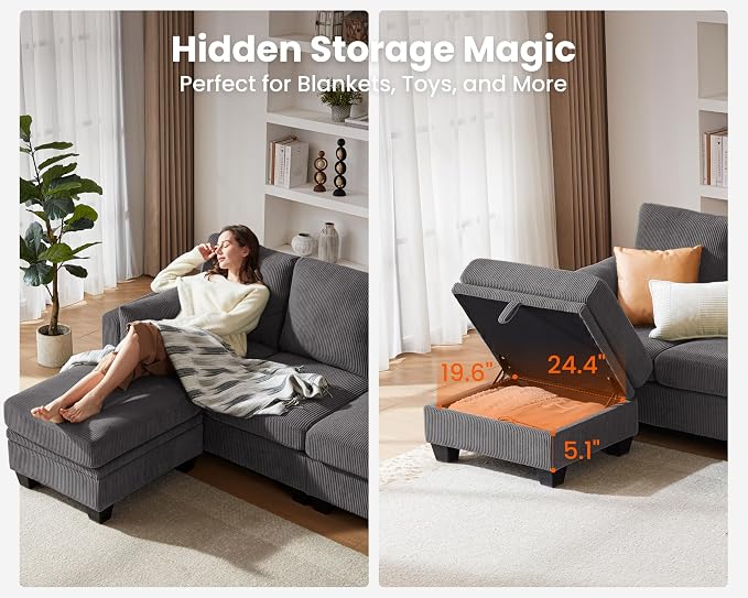 CHIC HOUSE Middle Module for Modular Couch, Corduroy Customizable Chaise - Image 5