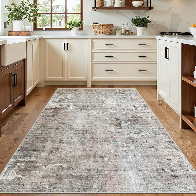 Soalmost Abstract 3x5 Rugs, Small Kitchen Entryway Area Rug Pink/Grey | Vintage - Image 2