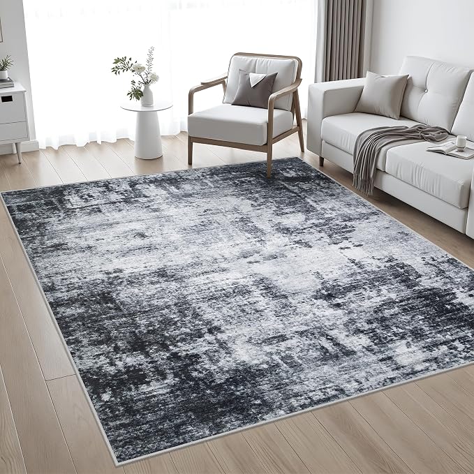 Area Rug Living Room: 8x8 Modern Washable Soft Carpet Dark Black | - Image 2