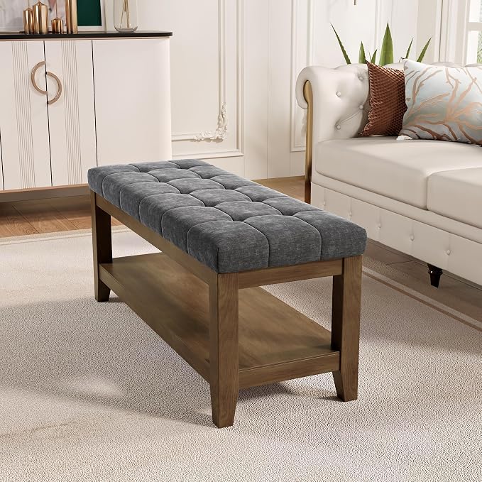 ABHENG Solid Rubber Wood Shoe Bench, Soft Chenille Material Upholstered Seat - Image 5
