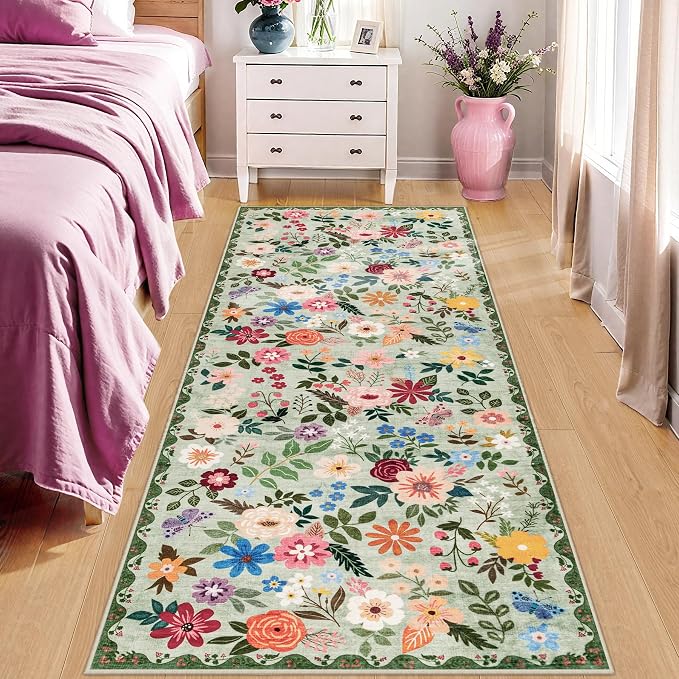 PLHXFR 2x6 Washable Runner Rug：Floral Indoor Kitchen Soft Carpet Green | - Image 2
