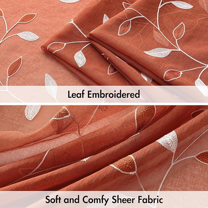 MIULEE Burnt Orange Sheer Fall Curtains 2 Panels Leaf Patterned, W52 x L96 | - Image 4