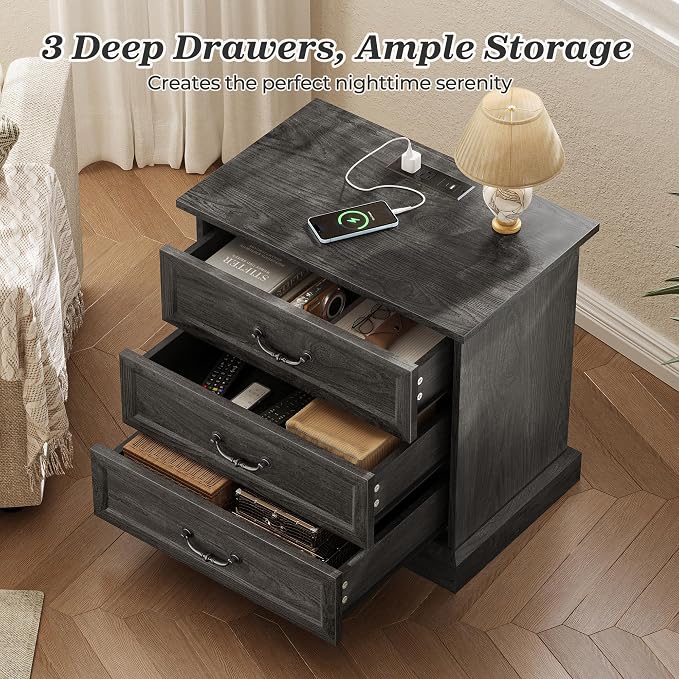 Huuger Nightstand with Charging Station, 3 Drawer Night Stand, 22 Inch Wider - Image 5
