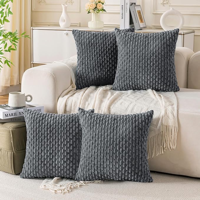 Set of 4 Medium Grey Decorative Throw Pillow Covers 20x20 Inch Corduroy Pillow by Cozoomy