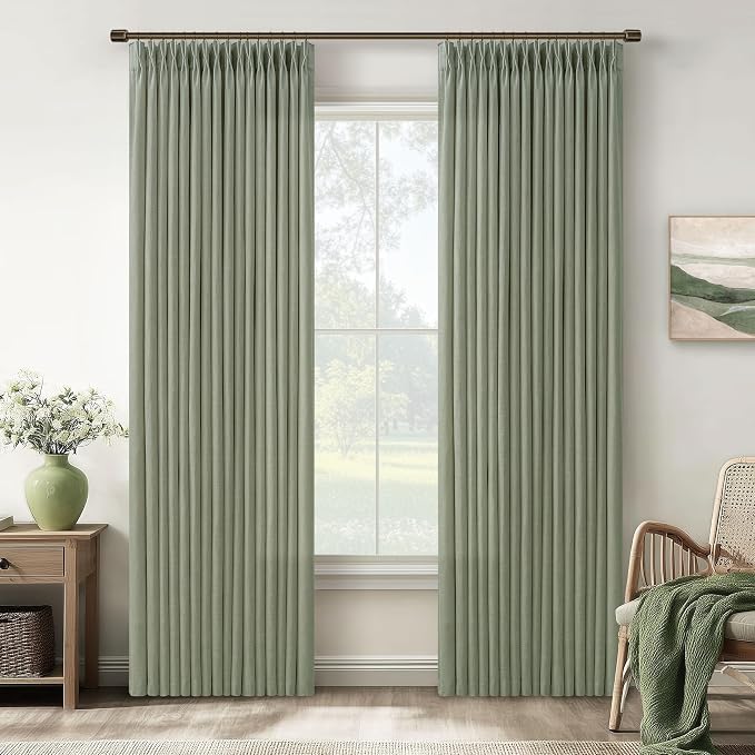 Thick Linen Pinch Pleat Sage Green Light Filtering Curtains 102 Inches Long | by Twodrapes