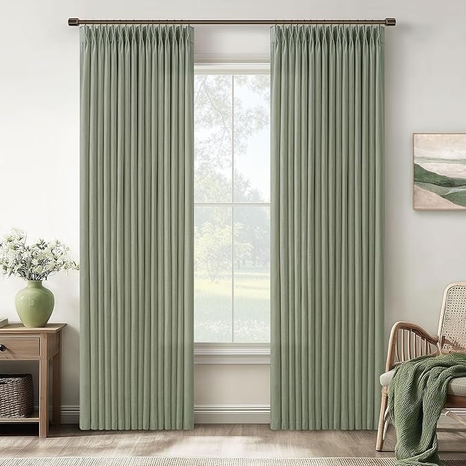 120 Inch Pinch Pleated Light Filtering Linen Curtains Sage Green 2 Panels | by Twodrapes