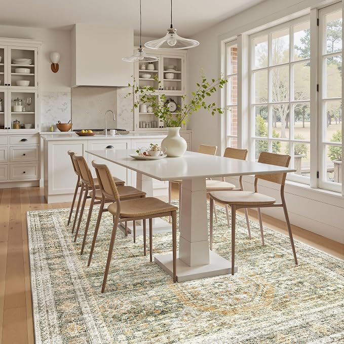 Soalmost 5x7 Area Rug Green/Orange Low Pile Washable Trendy Faded Style Rug | - Image 3
