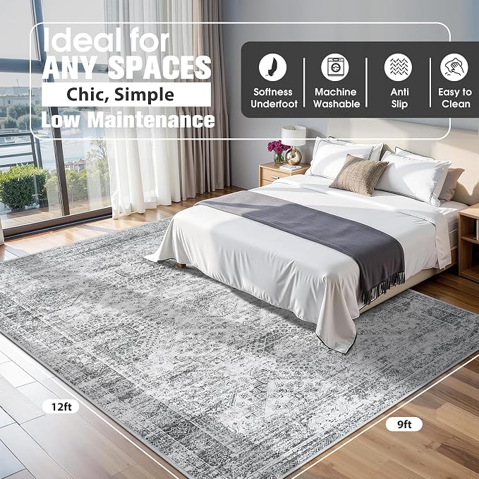 Aelenmu 9x12 Area Rugs for Living Room Washable Bedroom Dining Room Grey | - Image 2