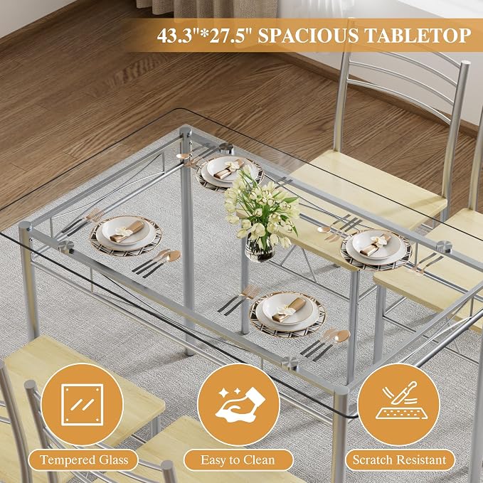VECELO Dining Table Set for 4, 5-Piece Glass Kitchen Table - Image 3