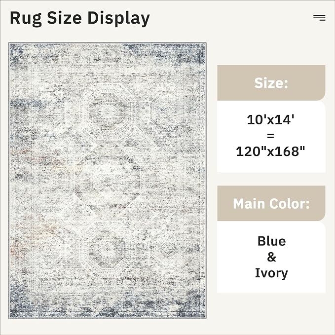 Soalmost 10x14 Area Rugs for Living Room Washable Rug Non-Slip Blue/Ivory | - Image 4