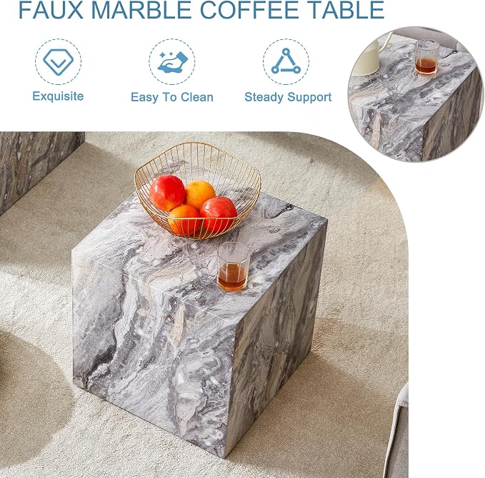 16'' Cube Coffee Table with Marble Stone Pattern, Square No Assembly End Table - Image 6