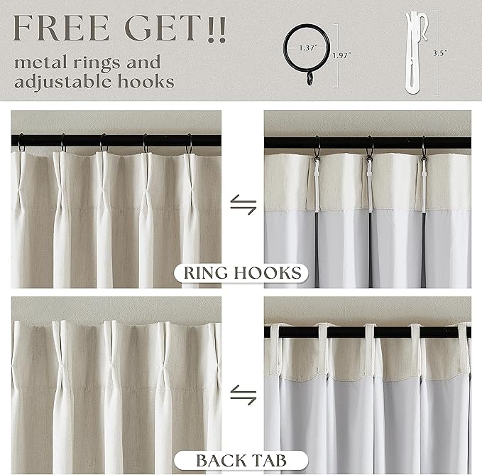 Extra Wide 92 Inch Pinch Pleat Linen 100% Blackout Curtains Natural 1 Panel | 2 - Image 5