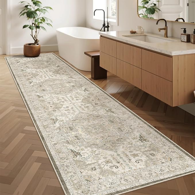 Madane Hallway Runner Rug 2'6''x10' Kitchen Runners Vintage, Ivory/Brown | - Image 3